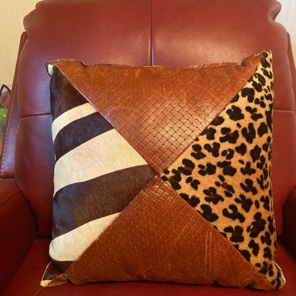 Reversible Distressed Leather Leopard/Zebra Pillow